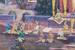 Mural retratando cenas do Ramayana em Wat Phra Kaeo, o Grande Palácio Real, Bangkok, Tailândia