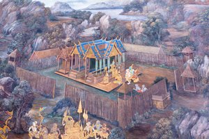 ワット プラケオ、ロイヤル グランド パレス、バンコク、タイでラーマーヤナのシーンを描いた壁画 作： Thai School