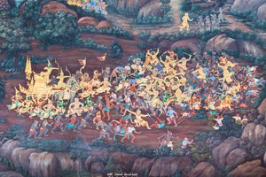 ワット プラケオ、ロイヤル グランド パレス、バンコク、タイでラーマーヤナのシーンを描いた壁画 作： Thai School
