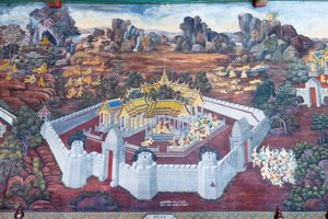ワット プラケオ、ロイヤル グランド パレス、バンコク、タイでラーマーヤナのシーンを描いた壁画 作： Thai School