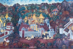 Mural depicting scenes from the Ramayana at Wat Phra Kaeo, the Royal Grand Palace, Bangkok, Thailand   1460634   ja       japanese Successfully Translated  Original: A view of Canton Translat: A view of Canton 1453368 ja japanese Successfully Translated Or 作： Thai School