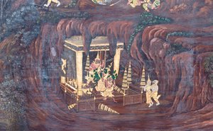 ワット プラケオ、ロイヤル グランド パレス、バンコク、タイでラーマーヤナのシーンを描いた壁画 作： Thai School