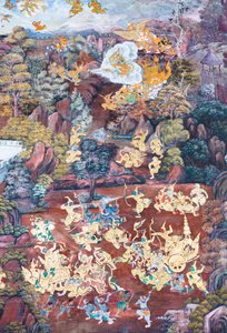 ワット プラケオ、ロイヤル グランド パレス、バンコク、タイでラーマーヤナのシーンを描いた壁画 作： Thai School
