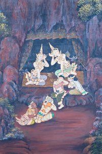 ワット プラケオ、ロイヤル グランド パレス、バンコク、タイでラーマーヤナのシーンを描いた壁画