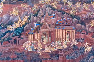 ワット プラケオ、ロイヤル グランド パレス、バンコク、タイでラーマーヤナのシーンを描いた壁画