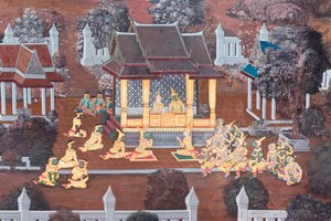 Mural retratando cenas do Ramayana em Wat Phra Kaeo, o Grande Palácio Real, Bangkok, Tailândia 作： Thai School