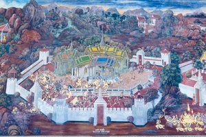 ワット プラケオ、ロイヤル グランド パレス、バンコク、タイでラーマーヤナのシーンを描いた壁画 作： Thai School