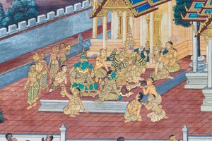 ワット プラケオ、ロイヤル グランド パレス、バンコク、タイでラーマーヤナのシーンを描いた壁画