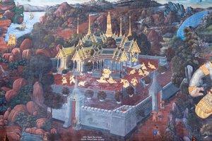 ワット プラケオ、ロイヤル グランド パレス、バンコク、タイでラーマーヤナのシーンを描いた壁画