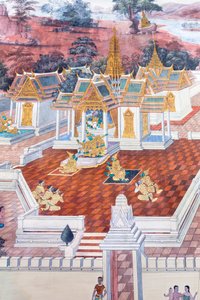 ワット プラケオ、ロイヤル グランド パレス、バンコク、タイでラーマーヤナのシーンを描いた壁画 作： Thai School