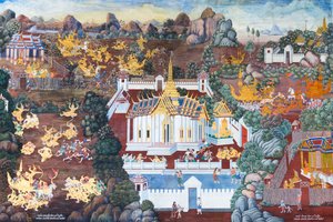 ワット プラケオ、ロイヤル グランド パレス、バンコク、タイでラーマーヤナのシーンを描いた壁画 作： Thai School