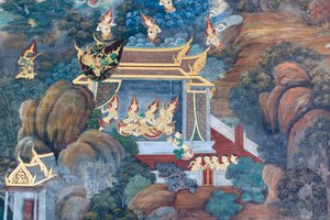 Mural retratando cenas do Ramayana em Wat Phra Kaeo, o Grande Palácio Real, Bangkok, Tailândia