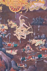 Mural retratando cenas do Ramayana em Wat Phra Kaeo, o Grande Palácio Real, Bangkok, Tailândia 作： Thai School