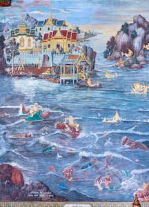 Mural depicting scenes from the Ramayana at Wat Phra Kaeo, the Royal Grand Palace, Bangkok, Thailand   1460927   ja       japanese Successfully Translated  Original: Port Mahon, Minorca with British Men-of-War at Anchor Translat: Port Mahon, Minorca with B 作： Thai School