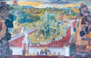 ワット プラケオ、ロイヤル グランド パレス、バンコク、タイでラーマーヤナのシーンを描いた壁画 作： Thai School