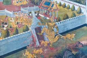 ワット プラケオ、ロイヤル グランド パレス、バンコク、タイでラーマーヤナのシーンを描いた壁画 作： Thai School