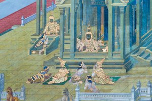 ワット プラケオ、ロイヤル グランド パレス、バンコク、タイでラーマーヤナのシーンを描いた壁画 作： Thai School