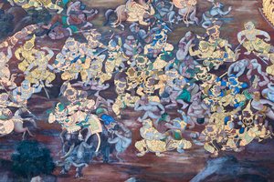 ワット プラケオ、ロイヤル グランド パレス、バンコク、タイでラーマーヤナのシーンを描いた壁画 作： Thai School