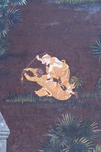 ワット プラケオ、ロイヤル グランド パレス、バンコク、タイでラーマーヤナのシーンを描いた壁画 作： Thai School