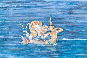 ワット プラケオ、ロイヤル グランド パレス、バンコク、タイでラーマーヤナのシーンを描いた壁画 作： Thai School