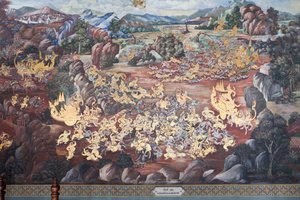 ワット プラケオ、ロイヤル グランド パレス、バンコク、タイでラマキアンからシーンを描いた壁画 作： Thai School