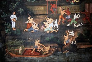 仏陀の生涯を描いた壁画、ワット スワン ダララム、アユタヤ歴史公園 (ユネスコ世界遺産リスト) 作： Thai School