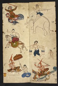 または 4830 f.21 鶏の年、「中国の干支に基づく星占いを含むタイの占いマニュアル (Phrommachat)」から (紙にインクとカラー)