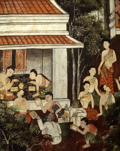 イスラム教徒の商人からジュエリーや鏡を購入する宮殿の女性、ラタナコーシンスタイル（壁画） 作： Thai School