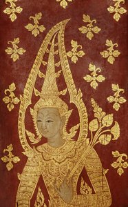 神をイメージしたラタナコーシンスタイルのドアパネル、c.1860（塗装済み木材） 作： Thai School
