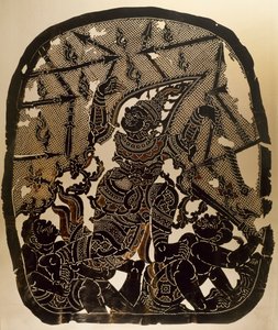 陸軍大将ダサカンタ、ビルンジャンバンを表現したナンヤイの影絵芝居のシーン、革製彫刻パネル、タイ、タイ文明 作： Thai School