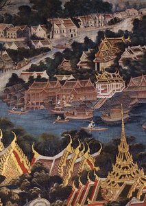 バンコク王宮、チャオプラヤー川、トンブリの眺め。木造のタイの家とレンガと漆喰の中国の住居、1864年（壁画） 作： Thai School
