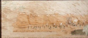 1824年10月3日、クーンジャ襲撃のスケッチ（水彩・紙） 作： The Hon. Frederick Shore