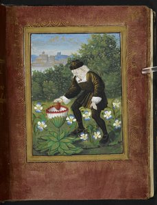 Stowe 955 f.6r ピエール・サラが「彼の」心をマルグリットに落とすミニチュア、ピエール・サラによって書かれた「プチ・リヴル・ダムール」のミニチュア、c.1500（ベラム） 作： The Master of Lyons