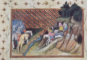 Harl 1319 f.9 MacNamara、アイルランドの酋長がグロスター伯爵と会談するためにやってくる、「Histoire du Roy d