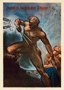 ラインはドイツのまま第一次世界大戦後、連合国によるドイツ西部の一部占領に反対するプロパガンダ・ポスター。 作： Theo Matejko