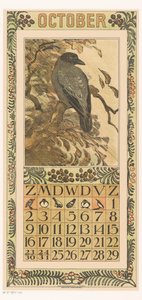 カラフルなカラスと 10 月のカレンダー ページ カレンダー 1910 Th による 12 のリトグラフ。 v。 ホイテマ（シリーズタイトル）