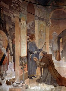 国王ルイ9世（サン・ルイ）（1214-1270）がソルボンヌ大学設立憲章をロベール・ド・ソルボン（1201-1274）に贈った（1257年） 絵画：テオバルド・シャルトラン（1849-1907） パリ、ソルボンヌ大学 作： Theobald Chartran