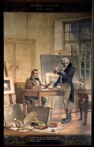 古生物学。「ジョルジュ・キュヴィエ男爵（1769-1832）が化石の骨に関する研究のための資料を再確認している」Theobal Chartran（1849-1907）のフレスコ画。パリ大学ソルボンヌ校 作： Theobald Chartran