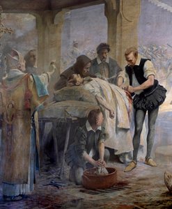 1553年のシャルル5世によるメッツ包囲戦で負傷した傭兵の動脈結紮を実践する医師アンブロワーズ・パレ（1509-1590） Detail.テオバルト・シャルトラン（1849-1907）による絵画 作： Theobald Chartran