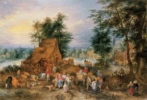 農民が働いている村の風景 作： Theobald Michau