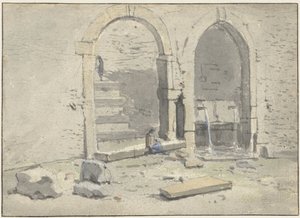 階段が建てられた城壁に面した噴水 作： Theodoor Wilkens
