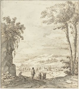 岩の近くにハイカーがいるイタリアの川の風景 作： Theodoor Wilkens