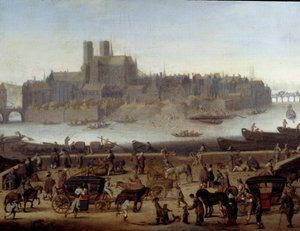 Le quai et le pont de la Tournelle à Paris 詳細。波止場とラ・シテ島の眺め。テオドール・マータム（1606-1676）の作とされる絵画 1646年 パリ、カルナヴァレ美術館 作： Theodor (attr. to) Matham
