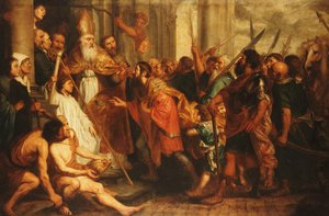 聖アンブローズ、ミラノ司教、皇帝テオドシウスのミラノ大聖堂への入場を拒否 作： Theodor Boeyermans