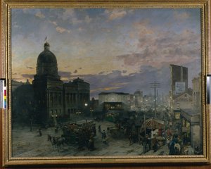 夕暮れのインディアナポリス、ワシントン通り（キャンバスに油彩） 作： Theodor Groll