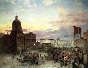 夕暮れのインディアナポリス、ワシントン通り（キャンバスに油彩） 作： Theodor Groll