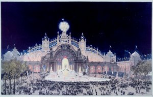 ユニバーサルな展覧会。"View of the Palace of Electricite and Water Castle in Paris in 1900" Fedor Hoffbauerとして知られるTheodore Joseph Hubert Hoffbauer (1839-1922)のプリント。1900年パリ、カルナヴァレ美術館 作： Theodor Josef Hubert Hoffbauer