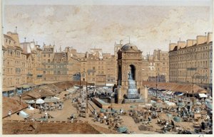 19世紀パリのマルシェとイノセントの泉の眺め。水彩画：テオドール・ジョゼフ・ホフバウアー（1839-1922） 19世紀 パリ、カルナヴァレ美術館 作： テオドール・ヨーゼフ・ヒューバート・ホフバウアー