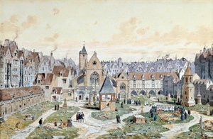 1550年のパリの「罪人の墓地」の風景。テオドール・ジョセフ・ヒューバート・ホフバウアー（1839-1922）による水彩画 19世紀 パリ、カルナヴァレ美術館