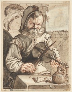 楽譜、ドラム、グラスが置かれたテーブルの前に座っているバイオリニストの半身像 作： Theodor Matham